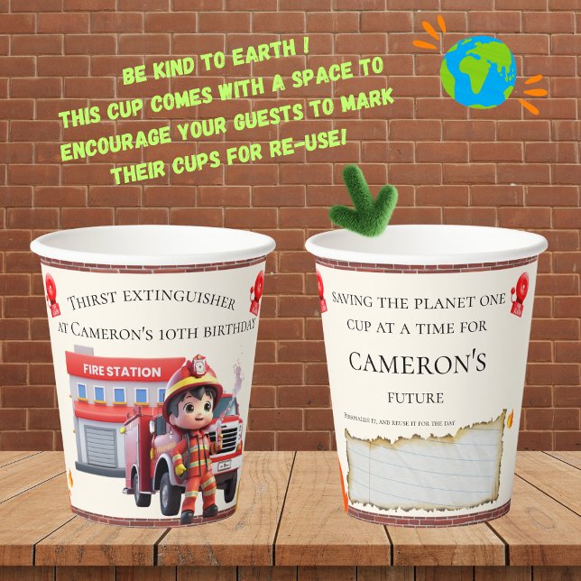 Personalised Cute Kawaii Boy Firefighter Birthday Paper Cups (Creator Uploaded)