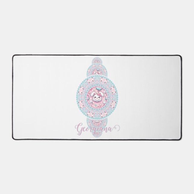 Personalised Cute Kawaii Bunny Ornamental Mandala Desk Mat (Front)