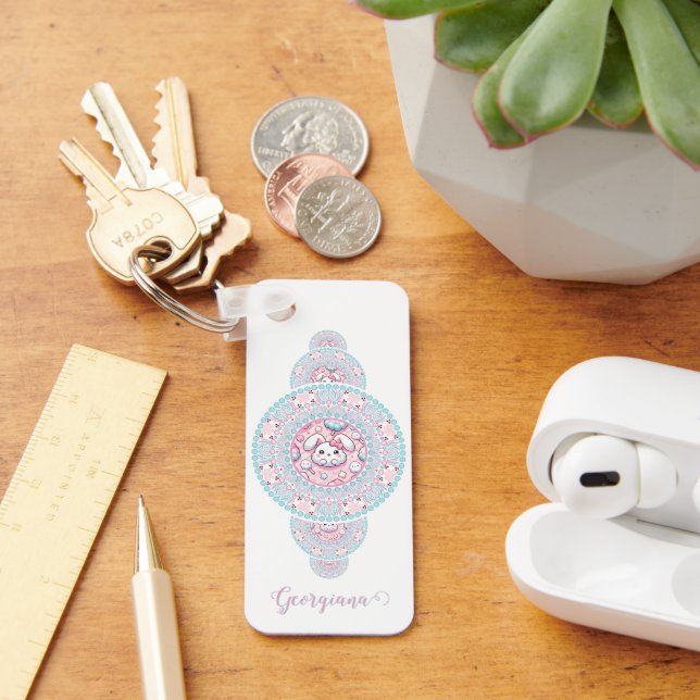 Personalised Cute Kawaii Bunny Ornamental Mandala Key Ring (Desk)