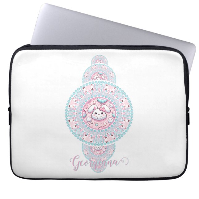 Personalised Cute Kawaii Bunny Ornamental Mandala Laptop Sleeve (Front)