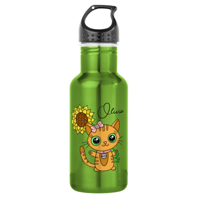 Personalised Cute Kawaii Cat Holding Flower    532 Ml Water Bottle (Front)