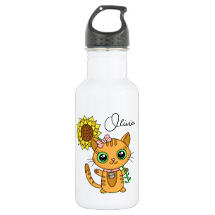 Personalised Cute Kawaii Cat Holding Flower   532 Ml Water Bottle