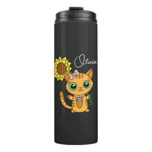 Personalised Cute Kawaii Cat Holding Flower   Thermal Tumbler