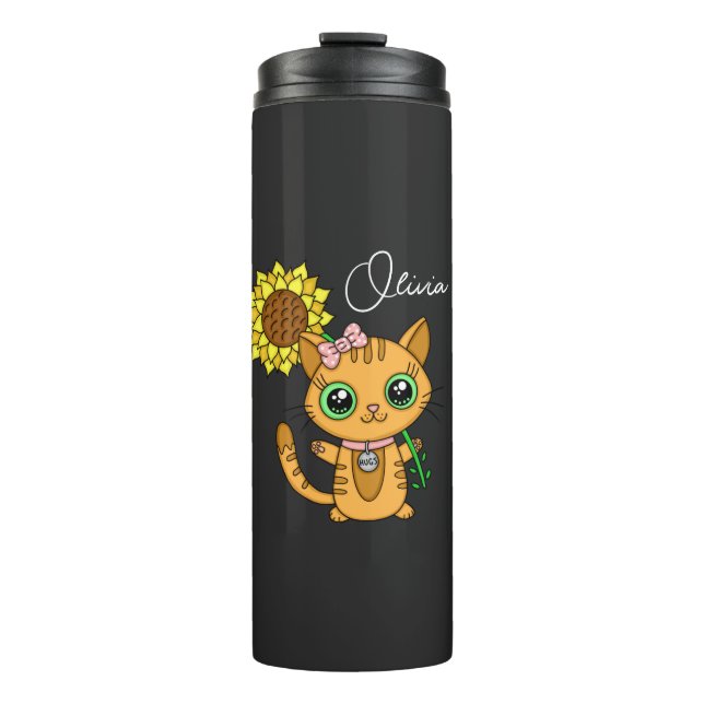 Personalised Cute Kawaii Cat Holding Flower   Thermal Tumbler (Front)