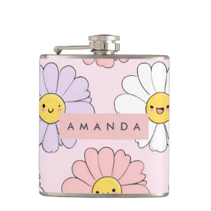 Personalised Cute Kawaii Pastel Daisy Flower Faces Hip Flask
