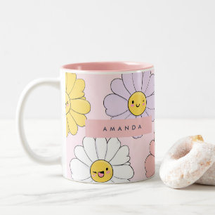 Personalised Cute Kawaii Pastel Daisy Flower Faces Two-Tone Coffee Mug