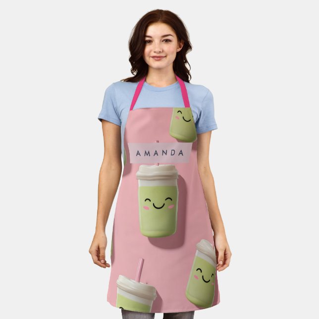 Personalised Cute Kawaii Pastel Smoothie Matcha Apron (Worn)