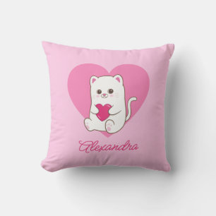 Personalised Cute Kawaii Pink Heart Cat Baby Name Cushion