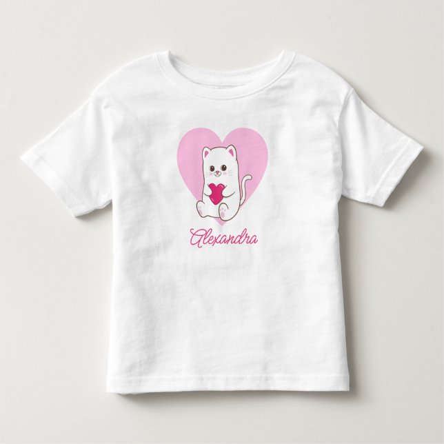 Personalised Cute Kawaii Pink Heart Cat Name Toddler T-Shirt (Front)