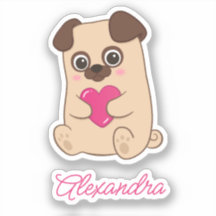 Personalised Cute Kawaii Pink Heart Pug Name