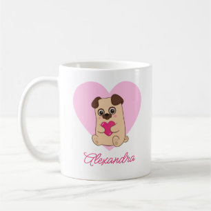 Personalised Cute Kawaii Pink Heart Pug Name Coffee Mug