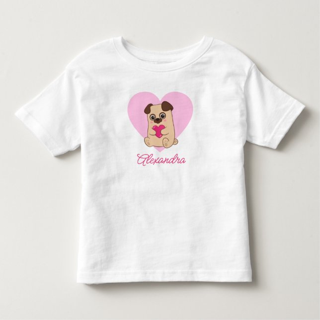 Personalised Cute Kawaii Pink Heart Pug Name Toddler T-Shirt (Front)