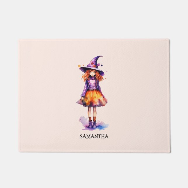Personalised Cute Kid Witch Halloween Doormat (Front)