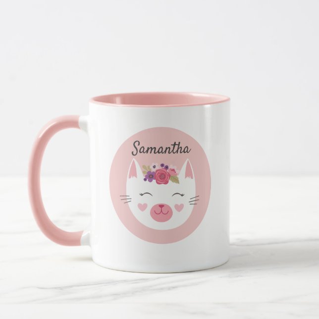 Personalised Cute Kids Pink Valentine Cat Mug (Left)
