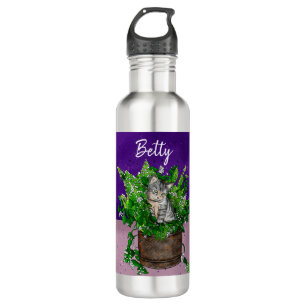 Personalised Cute Kitten in Catnip Pot   710 Ml Water Bottle