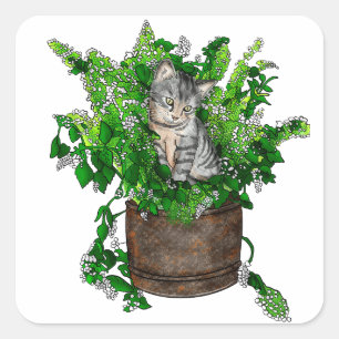Personalised Cute Kitten in Catnip Pot  Square Sticker