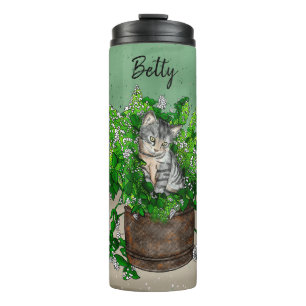 Personalised Cute Kitten in Catnip Pot Thermal Tumbler