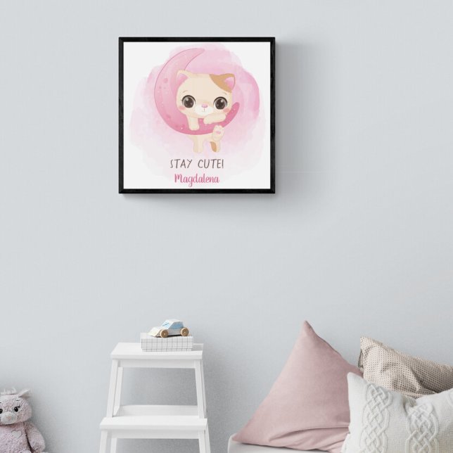 Personalised Cute Kitten Poster (Cute poster is designed to decorate a girl's nursery room with a cute little kitty hanging on a moon)