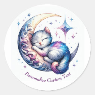 Personalised Cute Kitten Sleeping on a Half Moon Classic Round Sticker