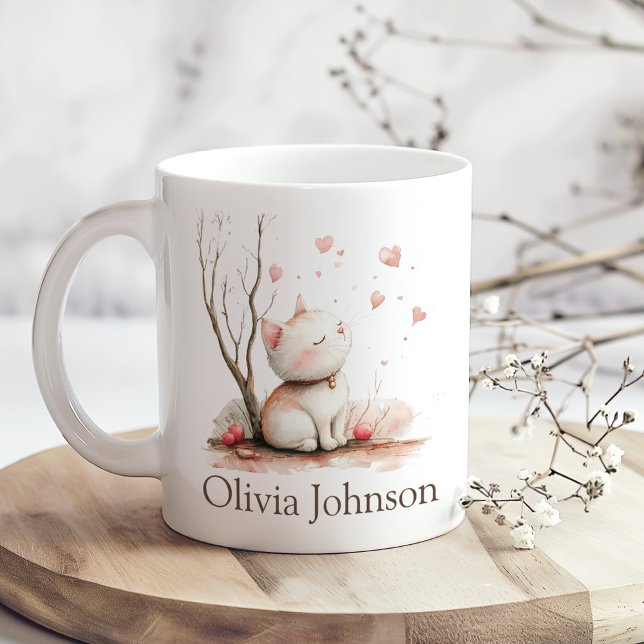 Personalised Cute Kitten with Hearts Coffee Mug (Personalized Cute Kitten with Hearts Coffee Mug on a boho kitchen table with tiny white flowers)