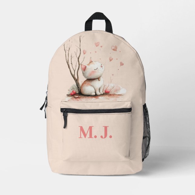 Personalised Cute Kitten with Hearts" Kids School Printed Backpack (Front)