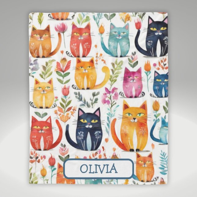 Personalised Cute Kittens and Flowers Pattern Fleece Blanket (Creator Uploaded)