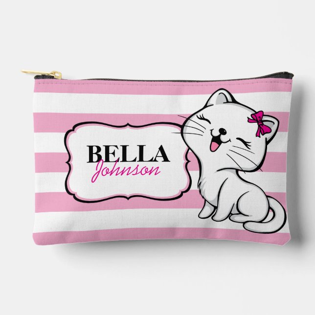 Personalised Cute Kitty Pink Stripped Accessory Pouch (Front)