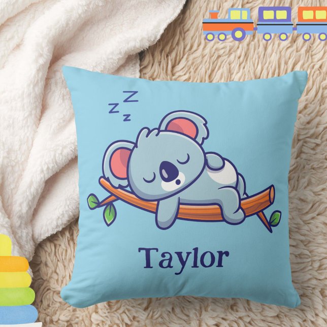Personalised Cute Koala Bear Cartoon Baby Cushion (A cute sleeping koala bear pillow, personalized with a baby or child's name, makes a great gift!)