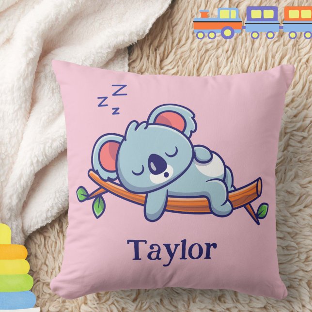 Personalised Cute Koala Bear Cartoon Baby Girl Cushion (This cute sleeping koala throw pillow may be personalized with baby's or child's name. )