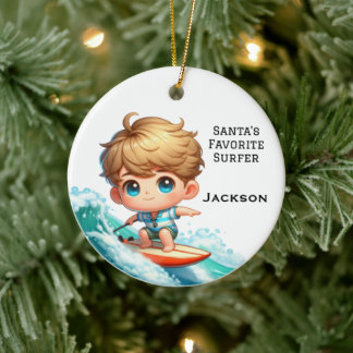 Personalised Cute Little Kid Surfing Ceramic Ornament