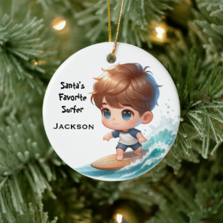 Personalised Cute Little Kid Surfing Ceramic Ornament
