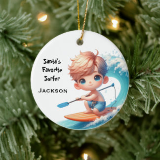 Personalised Cute Little Kid Surfing Ceramic Ornament