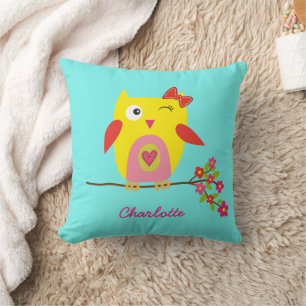 Personalised Cute little Owl Pink Flowers  Cushion