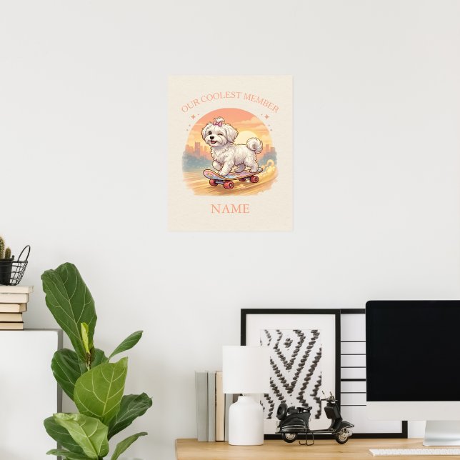 Personalised Cute Maltese Puppy Pink Bow Wall Art (Home Office)