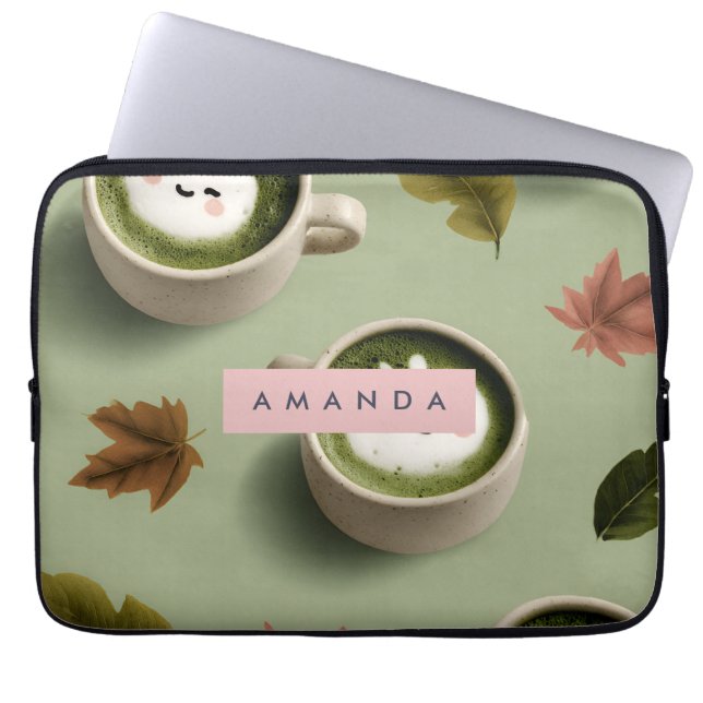Personalised Cute Matcha Latte Pattern Laptop Sleeve (Front)