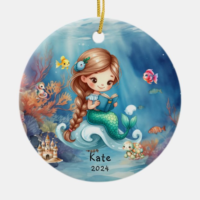 Personalised Cute Mermaid Ocean Photo  Ceramic Ornament (Front)
