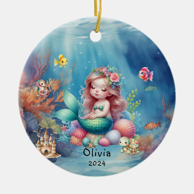 Personalised Cute Mermaid Ocean Photo Under Sea Ceramic Ornament (Front)