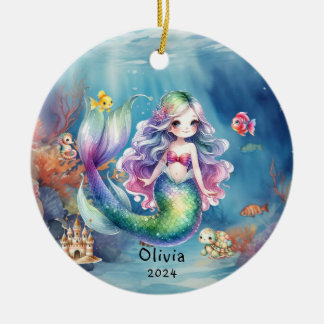 Personalised Cute Mermaid Ocean Photo Watercolor Ceramic Ornament