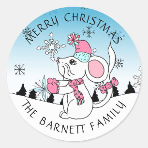 Personalised Cute Merry Christmas Mouse Snowflakes Classic Round Sticker