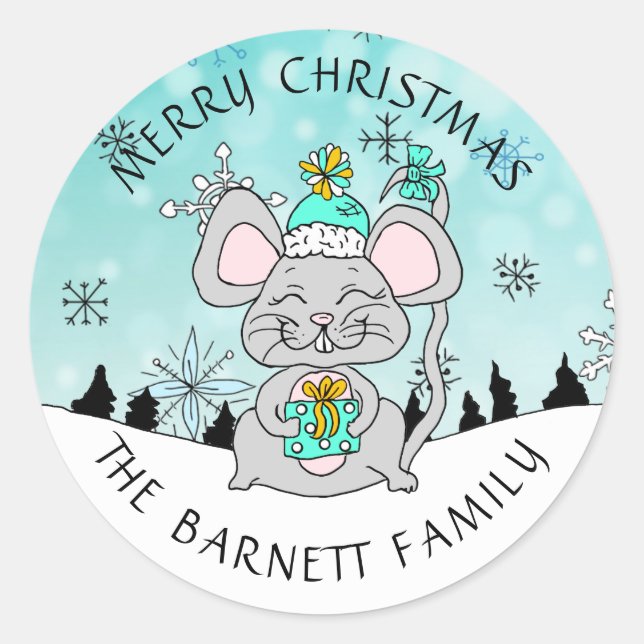 Personalised Cute Merry Christmas Mouse Snowflakes Classic Round Sticker (Front)