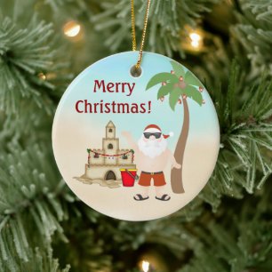 Personalised Cute Merry Christmas Santa Beach Ceramic Ornament
