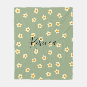 Personalised Cute Modern Daisy Pattern Green Fleece Blanket