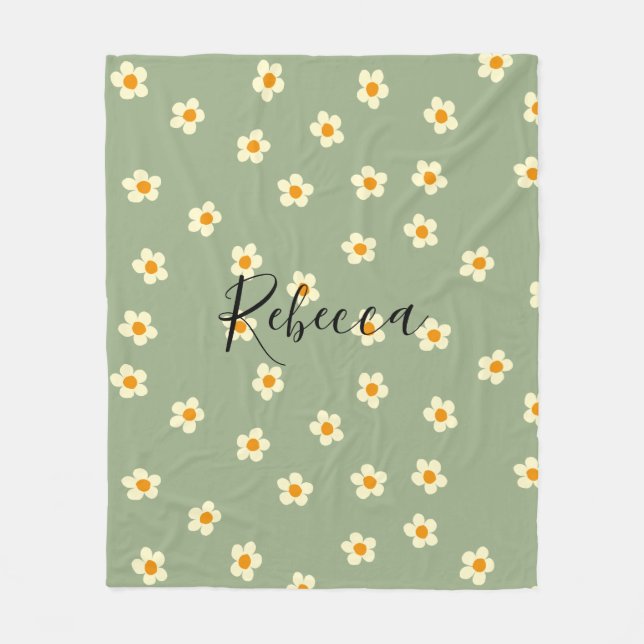 Personalised Cute Modern Daisy Pattern Green Fleece Blanket (Front)