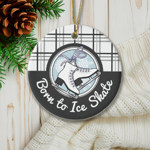 Personalised Cute Modern Tartan Ice Skating Ceramic Ornament