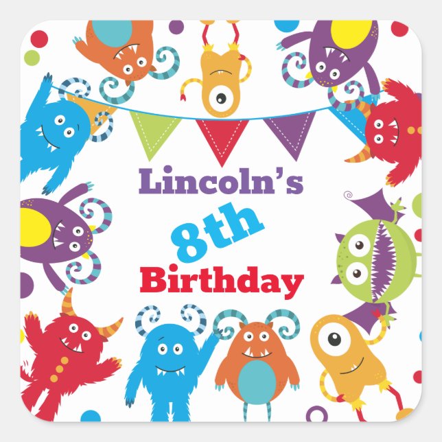 Personalised Cute Monster Birthday Bash Party Square Sticker (Front)