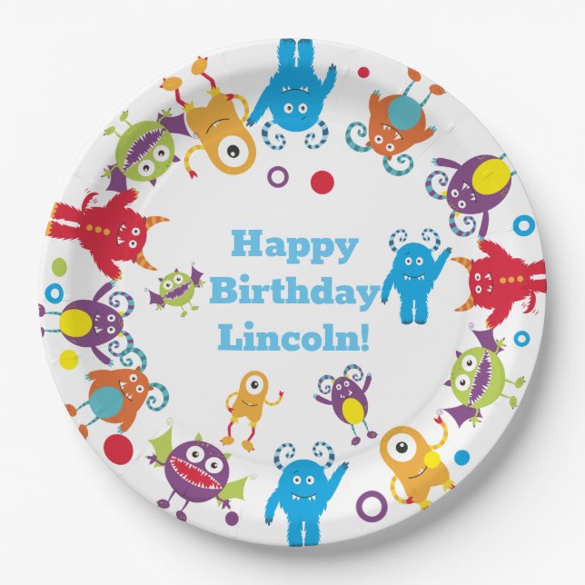 Personalised Cute Monster Birthday Party Plates (Front)