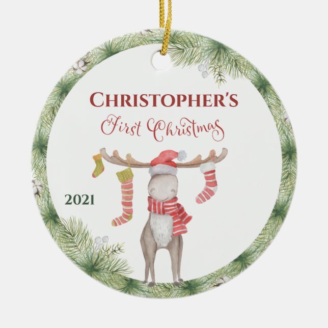 Personalised Cute Moose Babys First Christmas Ceramic Ornament (Front)
