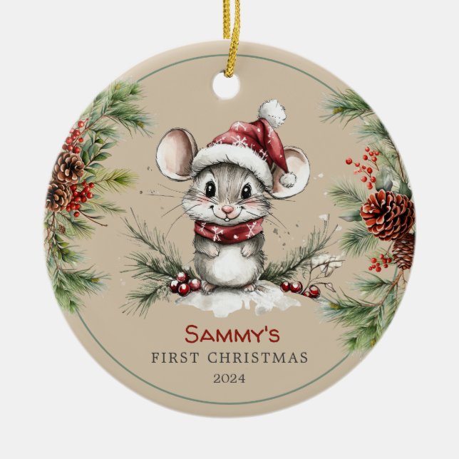 Personalised Cute Mouse Baby's First Christmas Ceramic Ornament (Front)