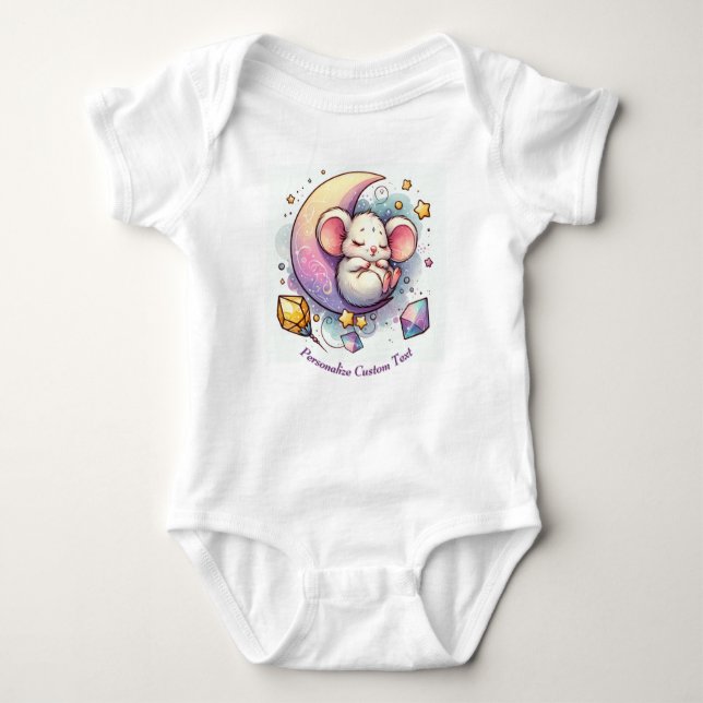 Personalised Cute Mouse Sleeping on a Half Moon Baby Bodysuit (Front)