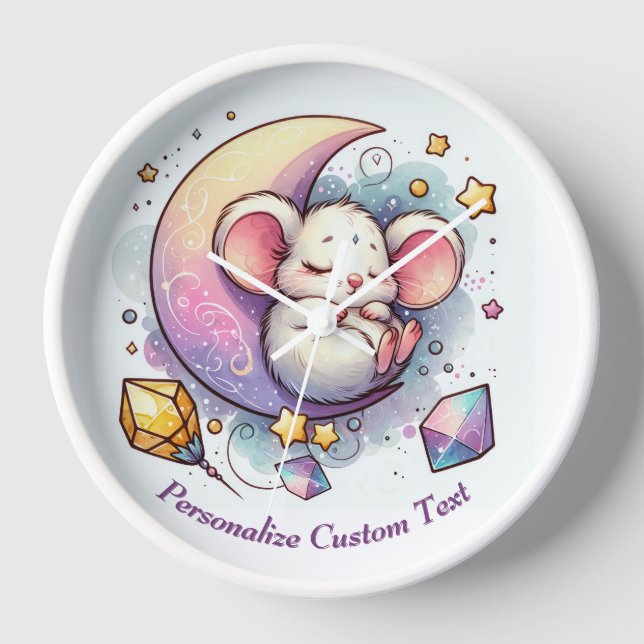 Personalised Cute Mouse Sleeping on a Half Moon Clock (Front)